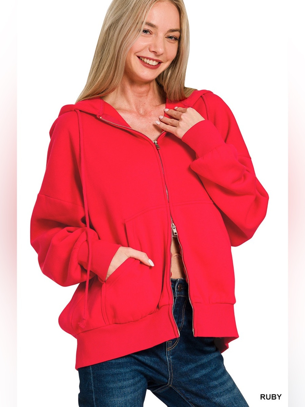 Zenana Ruby Fleece Zip-Up Hoodie with Pockets - Picture 2 of 3